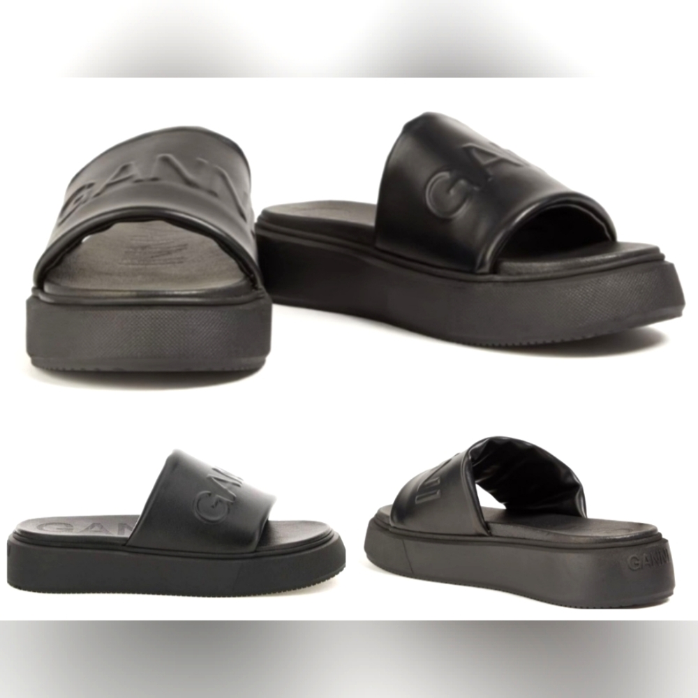 Nwot Ganni Vegea Vegan Leather Platform Slides Black Flatform EU 42